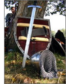 Helmet, sword and shield leaning against a tree